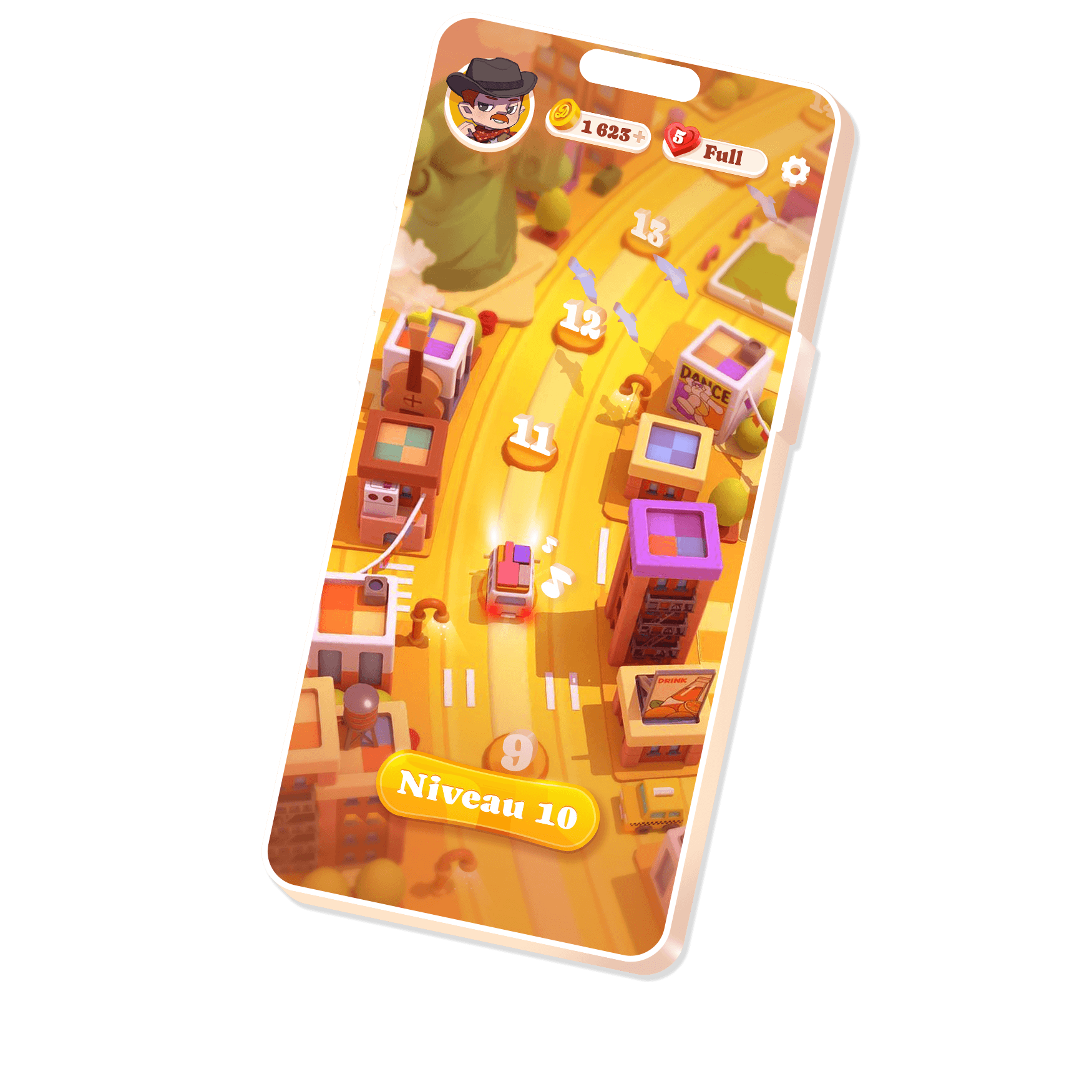 Téléphone montrant un écran de progression du jeu Disco Star